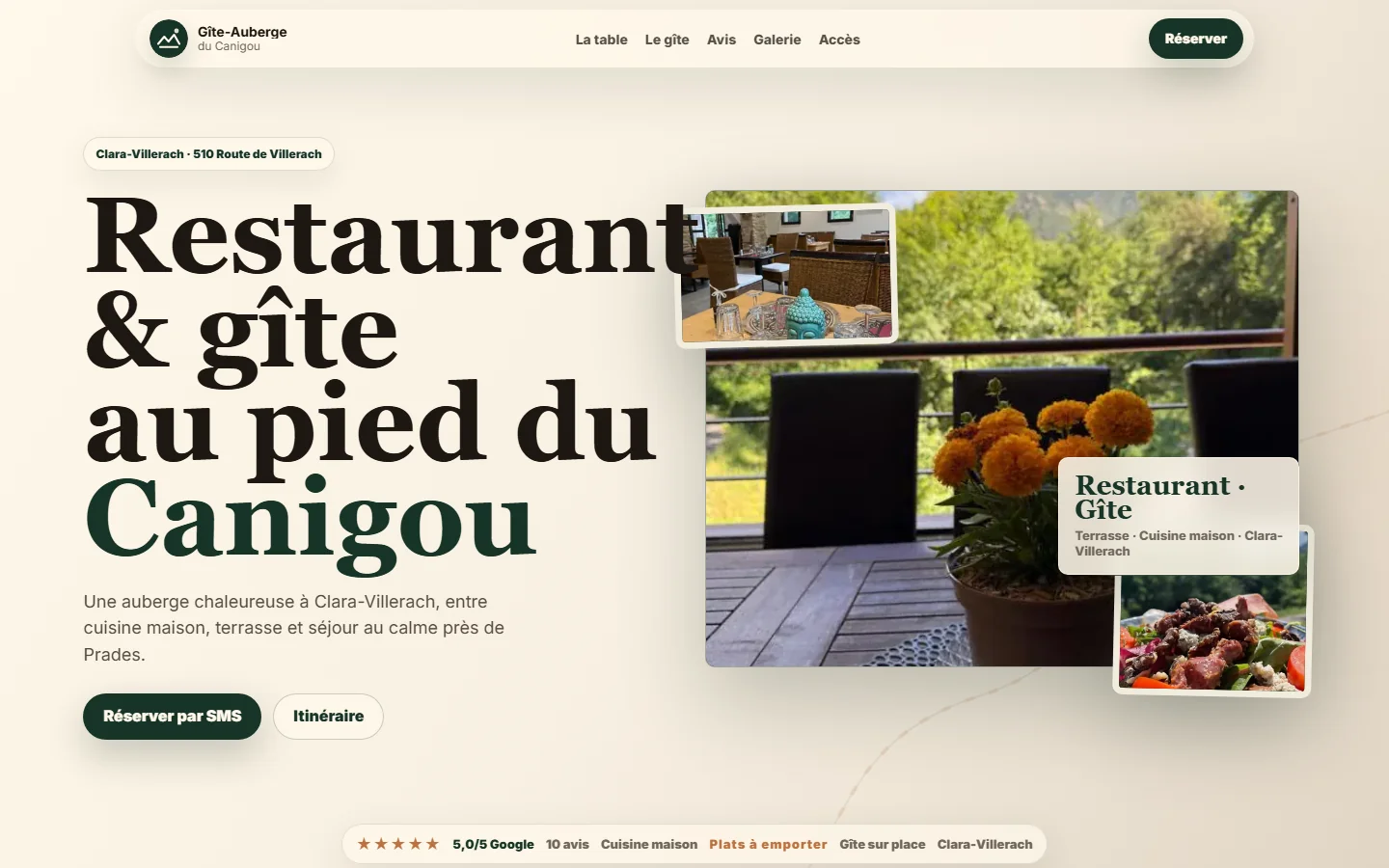 Page d’accueil du site Gîte-Auberge du Canigou, avec sa terrasse et les informations du restaurant