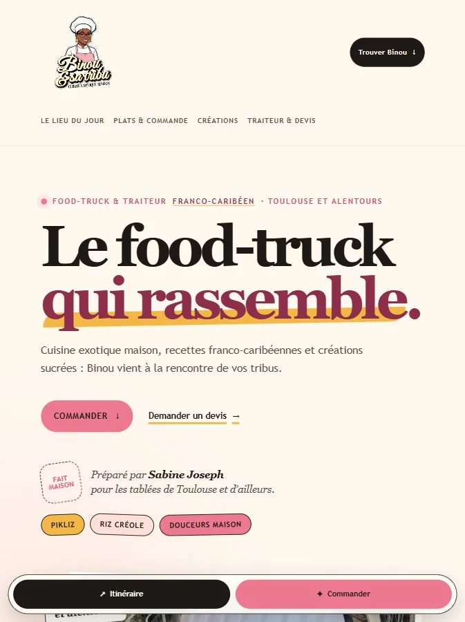 Page d’accueil du site Binou & sa tribu, avec la promesse du foodtruck et les accès commande et devis