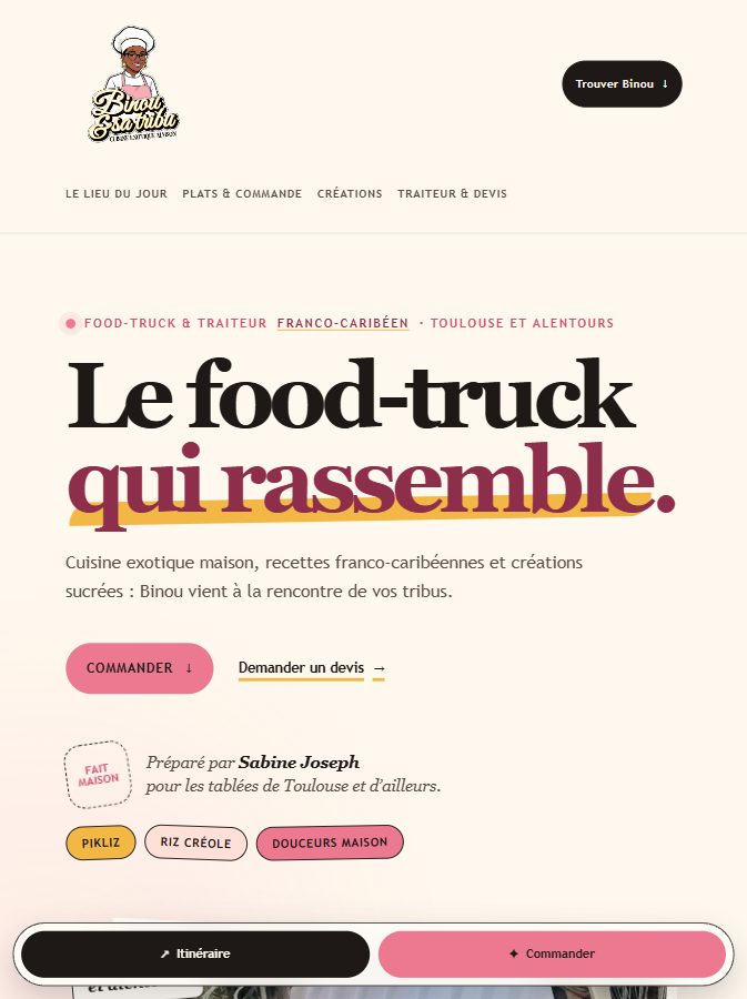 Page d’accueil du site Binou & sa tribu, avec la promesse du foodtruck et les accès commande et devis