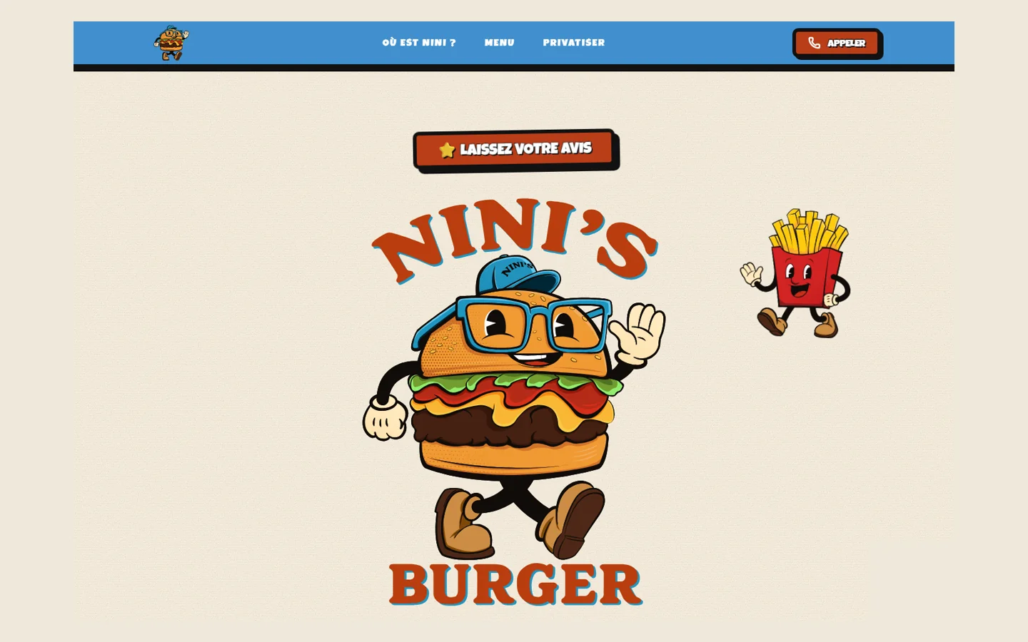Page d’accueil du site Nini’s Burger, avec la mascotte burger et l’accès au menu